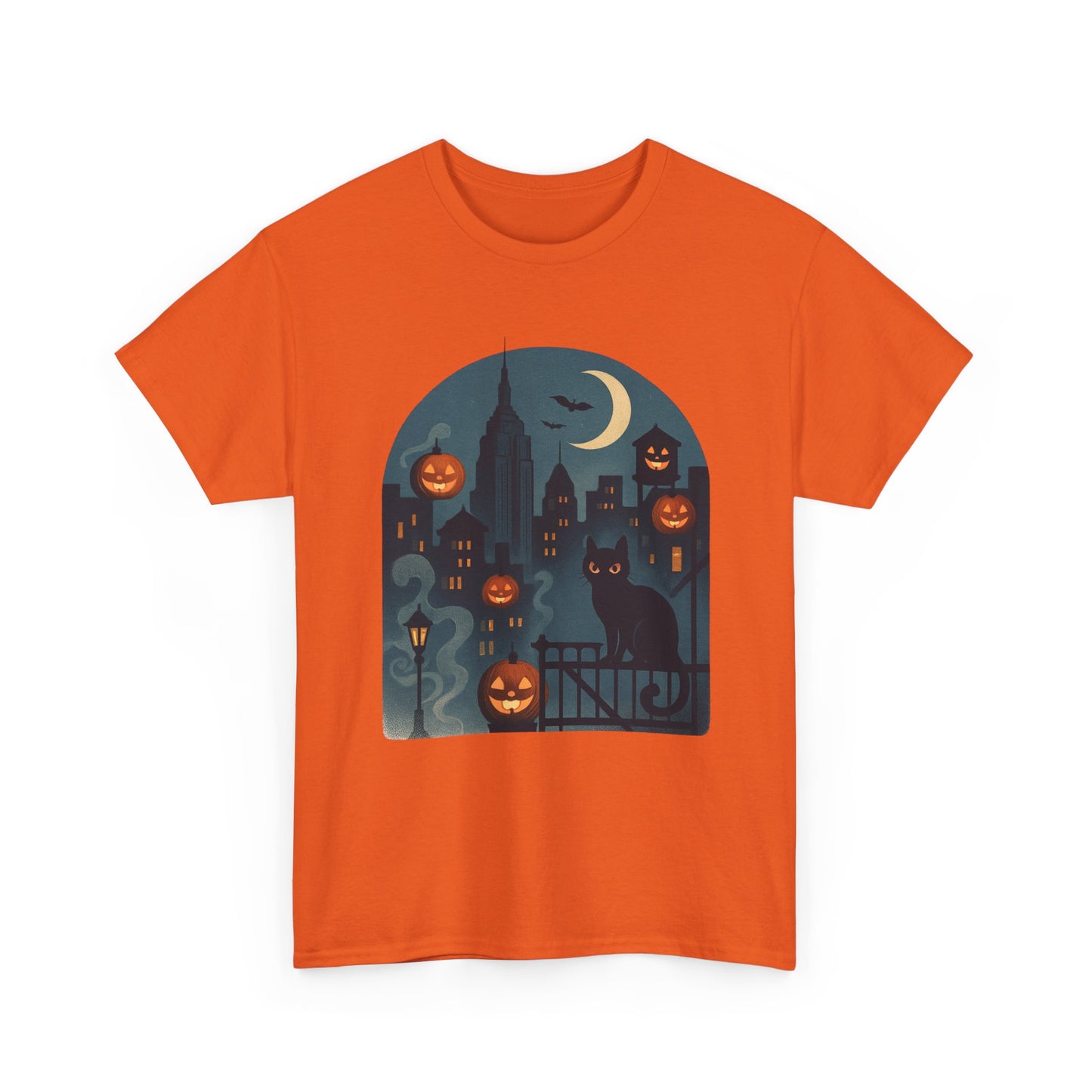 Spooky Halloween Cat Tee, Unisex Heavy Cotton Tee for Fall, Halloween Party Shirt, Pumpkin Graphic Tee, Casual Autumn Wear