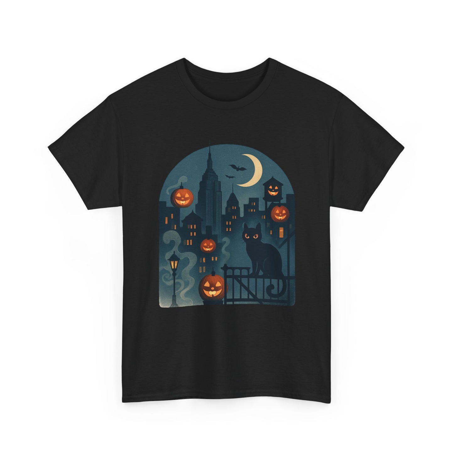 Spooky Halloween Cat Tee, Unisex Heavy Cotton Tee for Fall, Halloween Party Shirt, Pumpkin Graphic Tee, Casual Autumn Wear