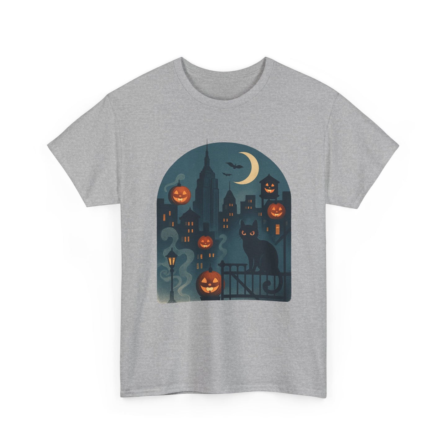 Spooky Halloween Cat Tee, Unisex Heavy Cotton Tee for Fall, Halloween Party Shirt, Pumpkin Graphic Tee, Casual Autumn Wear