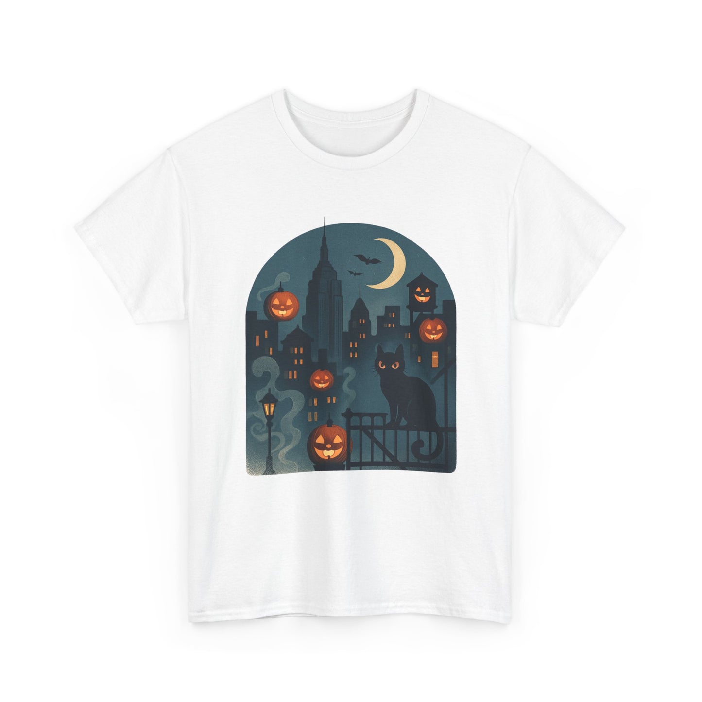 Spooky Halloween Cat Tee, Unisex Heavy Cotton Tee for Fall, Halloween Party Shirt, Pumpkin Graphic Tee, Casual Autumn Wear