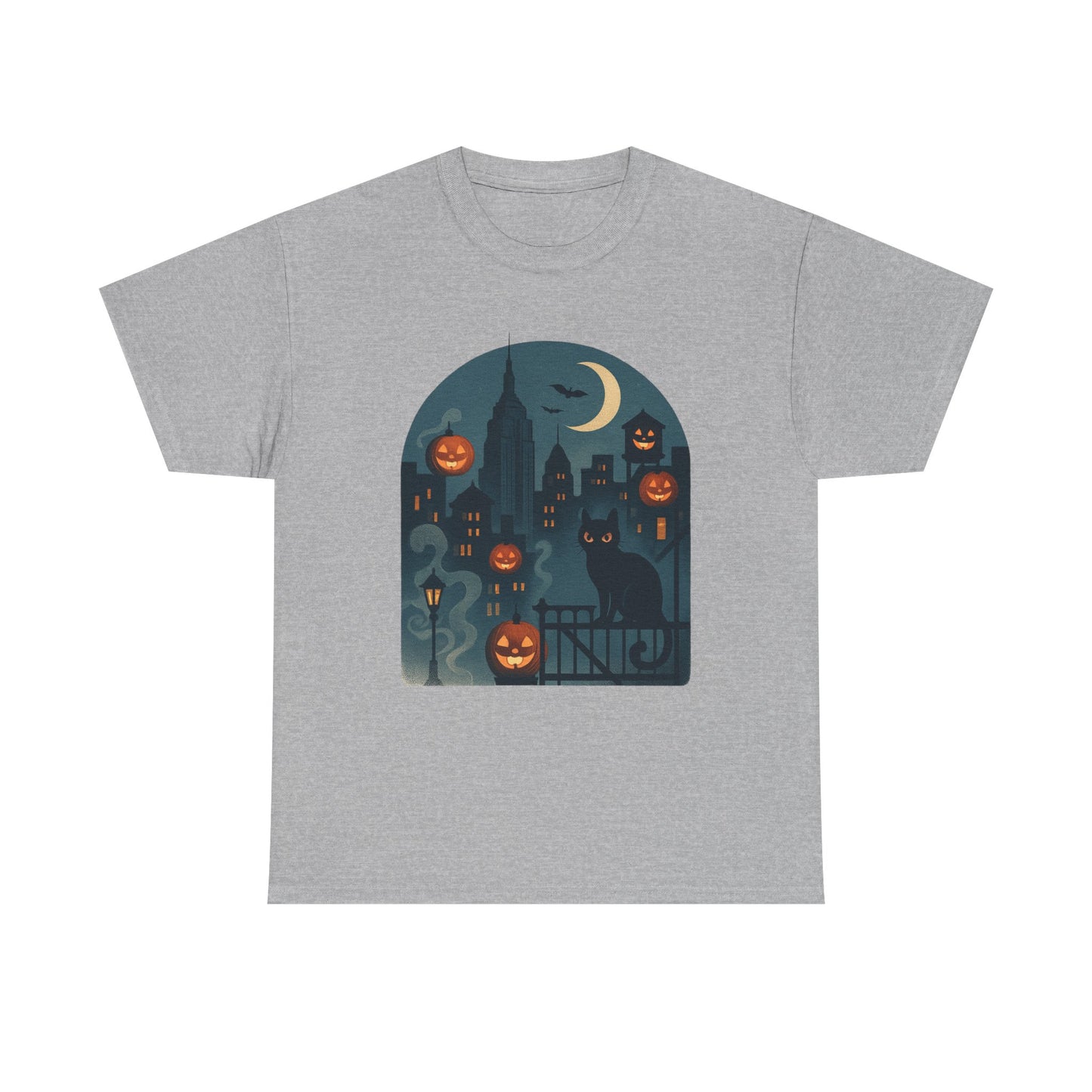 Spooky Halloween Cat Tee, Unisex Heavy Cotton Tee for Fall, Halloween Party Shirt, Pumpkin Graphic Tee, Casual Autumn Wear