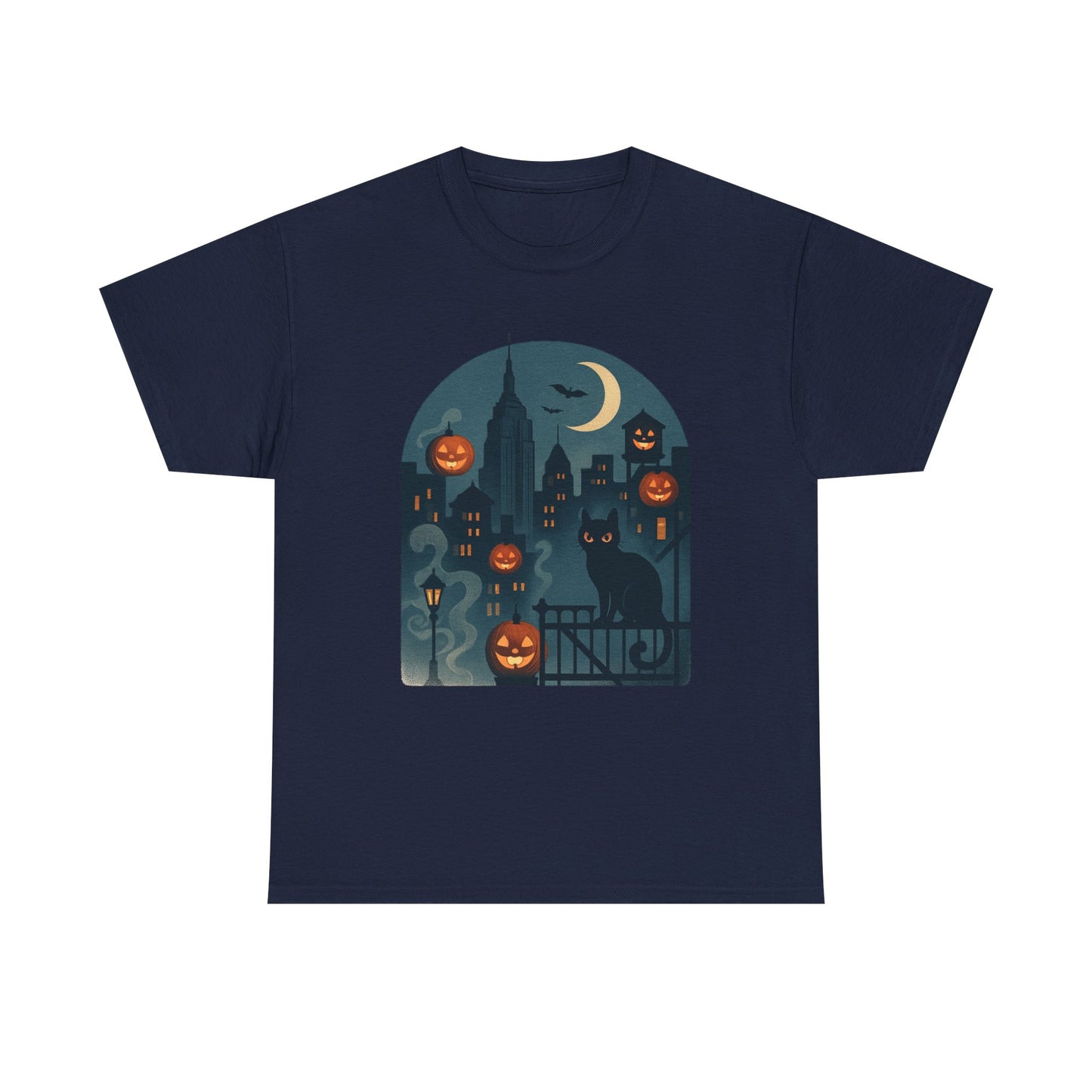 Spooky Halloween Cat Tee, Unisex Heavy Cotton Tee for Fall, Halloween Party Shirt, Pumpkin Graphic Tee, Casual Autumn Wear
