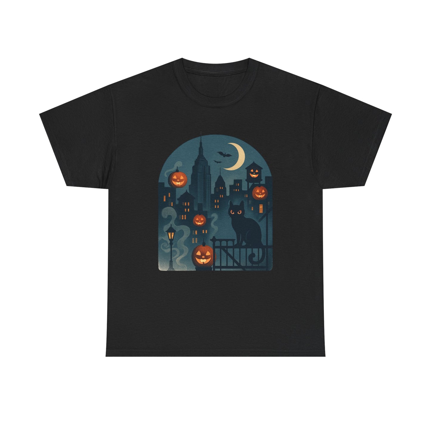 Spooky Halloween Cat Tee, Unisex Heavy Cotton Tee for Fall, Halloween Party Shirt, Pumpkin Graphic Tee, Casual Autumn Wear