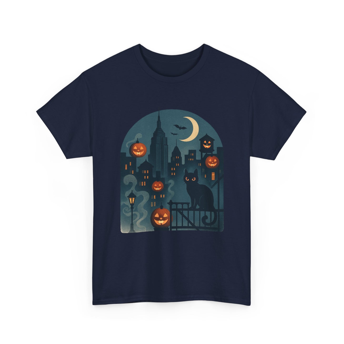 Spooky Halloween Cat Tee, Unisex Heavy Cotton Tee for Fall, Halloween Party Shirt, Pumpkin Graphic Tee, Casual Autumn Wear