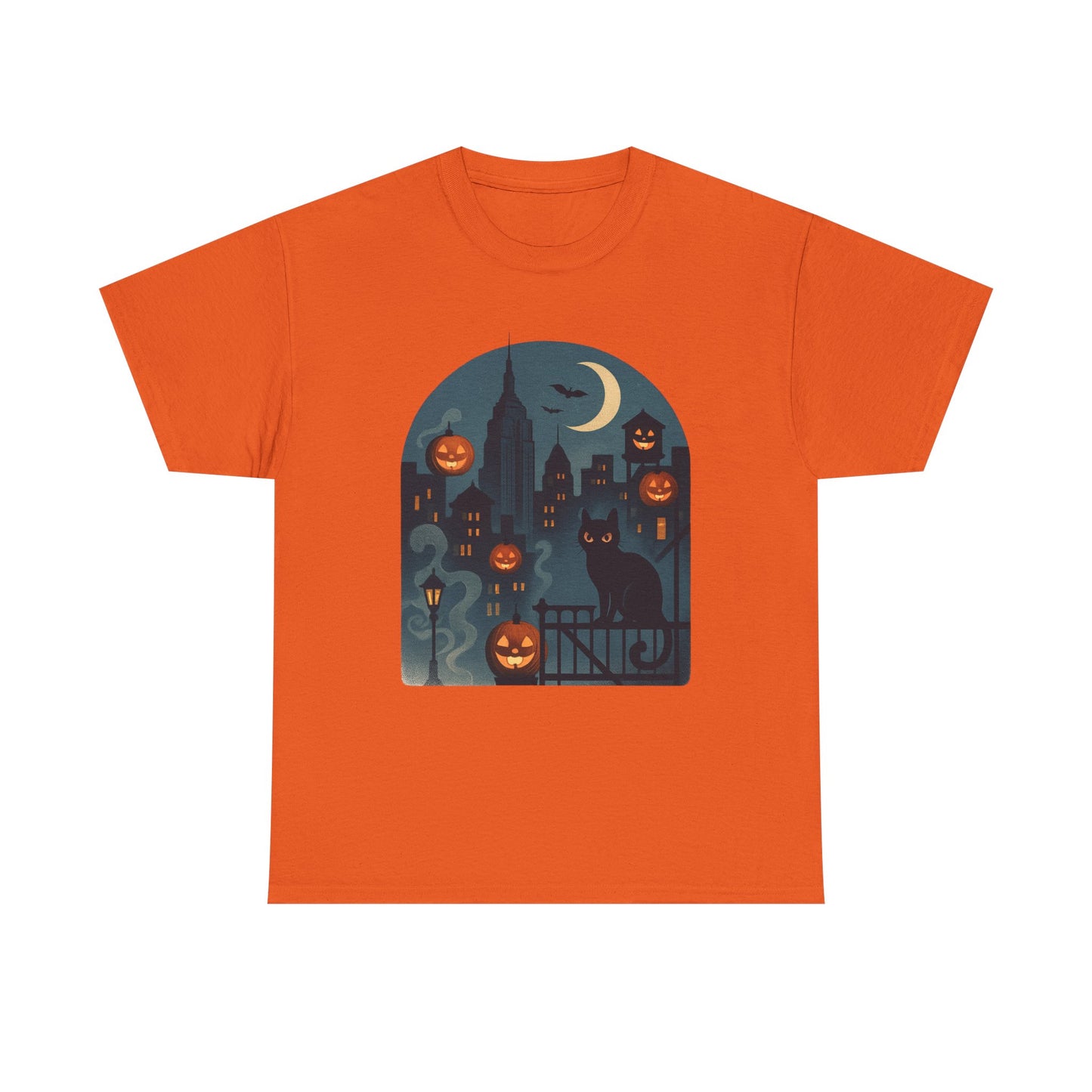 Spooky Halloween Cat Tee, Unisex Heavy Cotton Tee for Fall, Halloween Party Shirt, Pumpkin Graphic Tee, Casual Autumn Wear