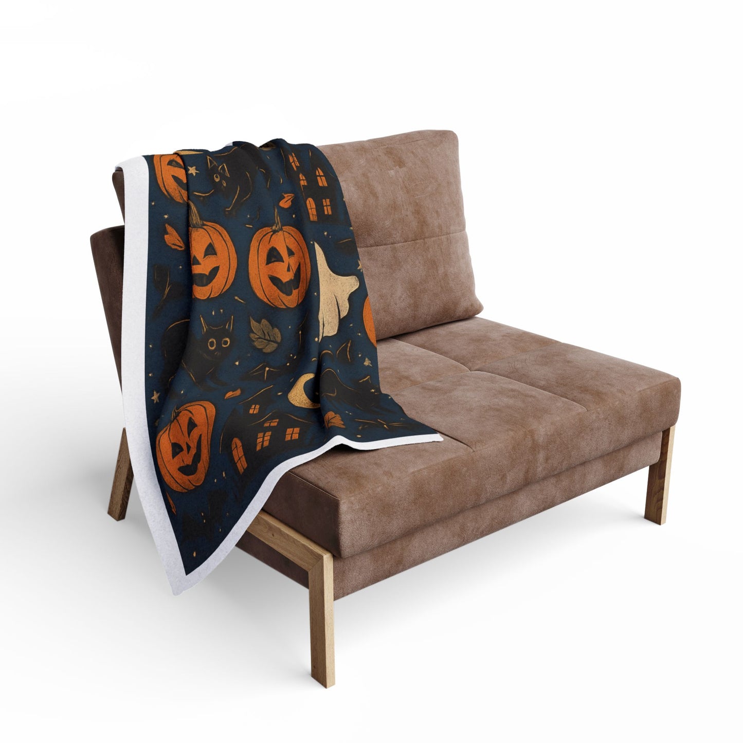 Halloween Themed Fleece Blanket, Cozy Spooktacular Decor, Pumpkin and Ghost Design, Perfect for Fall Celebrations, Gift for Cat Lovers