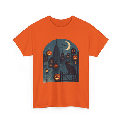 Spooky Halloween Cat Tee, Unisex Heavy Cotton Tee for Fall, Halloween Party Shirt, Pumpkin Graphic Tee, Casual Autumn Wear