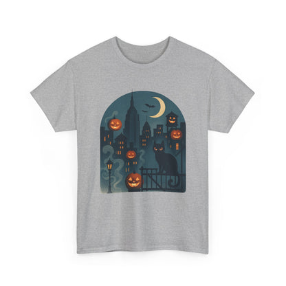 Spooky Halloween Cat Tee, Unisex Heavy Cotton Tee for Fall, Halloween Party Shirt, Pumpkin Graphic Tee, Casual Autumn Wear