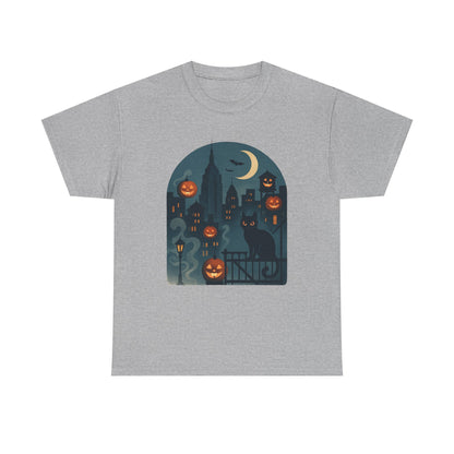 Spooky Halloween Cat Tee, Unisex Heavy Cotton Tee for Fall, Halloween Party Shirt, Pumpkin Graphic Tee, Casual Autumn Wear