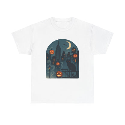 Spooky Halloween Cat Tee, Unisex Heavy Cotton Tee for Fall, Halloween Party Shirt, Pumpkin Graphic Tee, Casual Autumn Wear