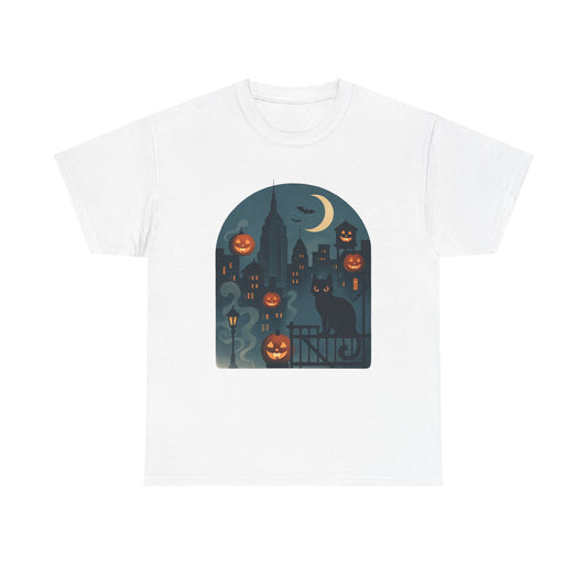 Spooky Halloween Cat Tee, Unisex Heavy Cotton Tee for Fall, Halloween Party Shirt, Pumpkin Graphic Tee, Casual Autumn Wear