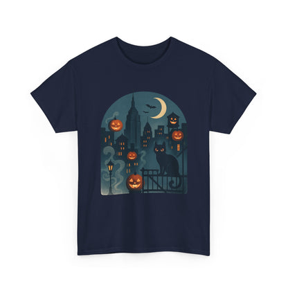 Spooky Halloween Cat Tee, Unisex Heavy Cotton Tee for Fall, Halloween Party Shirt, Pumpkin Graphic Tee, Casual Autumn Wear