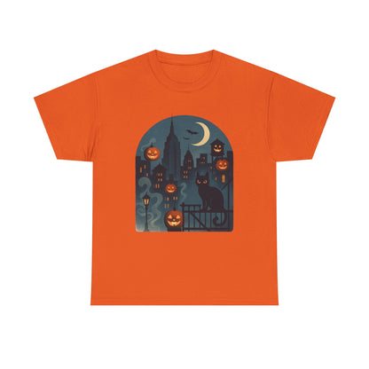 Spooky Halloween Cat Tee, Unisex Heavy Cotton Tee for Fall, Halloween Party Shirt, Pumpkin Graphic Tee, Casual Autumn Wear